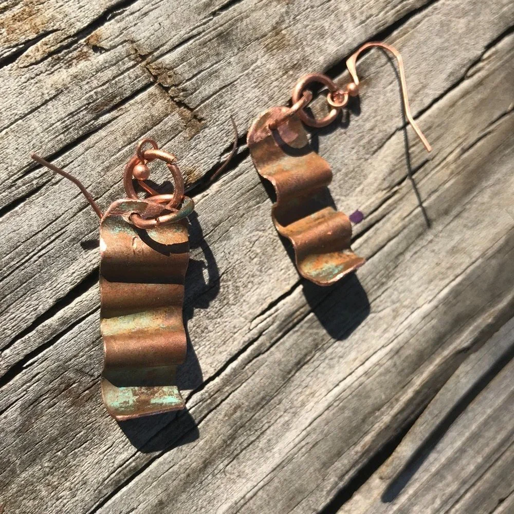 Solid Copper Patina Green Verdigris Earrings Drop Dangle Form Folded Brutalist